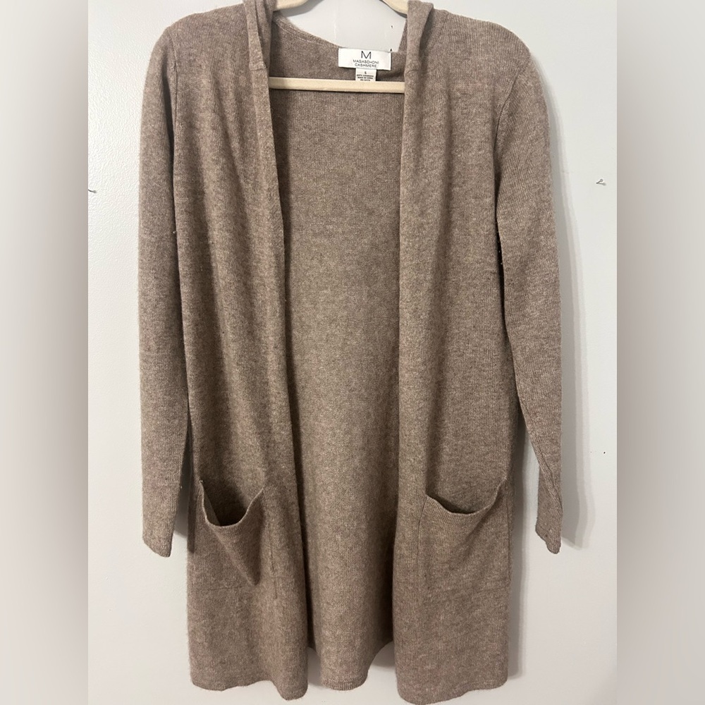 Magaschoni Cashmere Tan Open-Front Cardigan, Size Small, 100% Cashmere